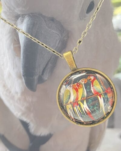 A Vintage-Inspired Macaw Conversation Pendant Necklace – Whimsical Charm with a parrot on it.