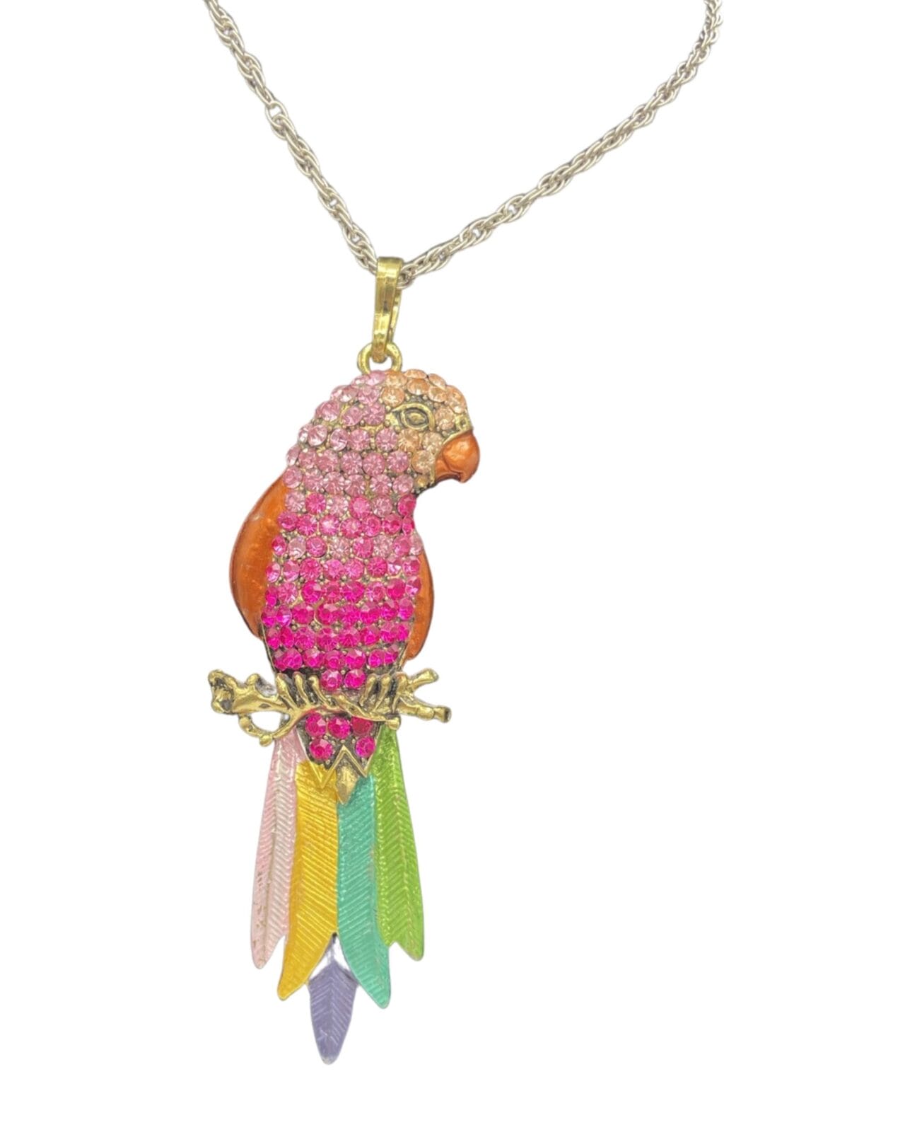 An Elegant Pink Rhinestone Parrot Pendant Necklace with Silver Chain is sitting on a gold chain.