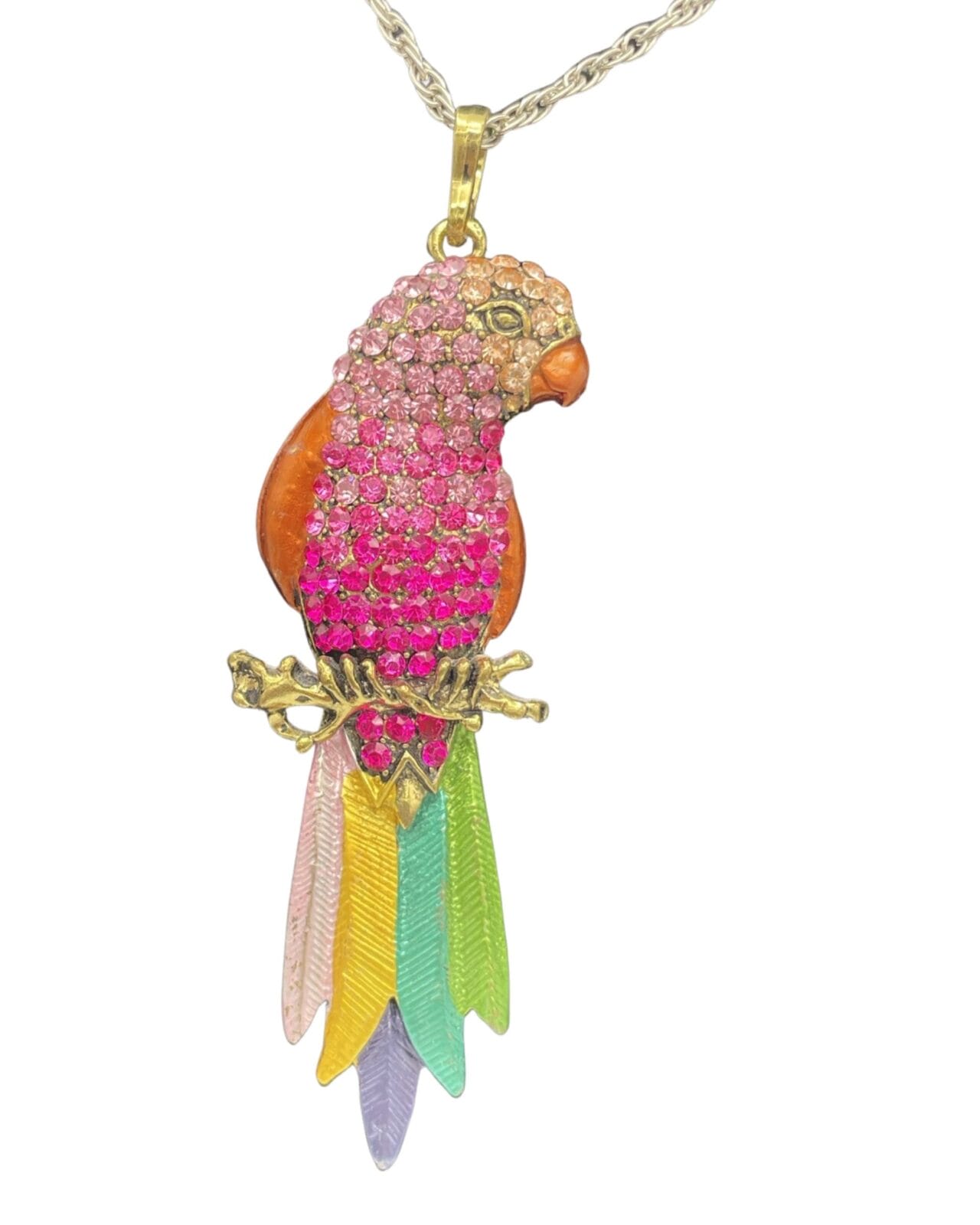 A colorful Elegant Pink Rhinestone Parrot Pendant Necklace is sitting on a gold chain.