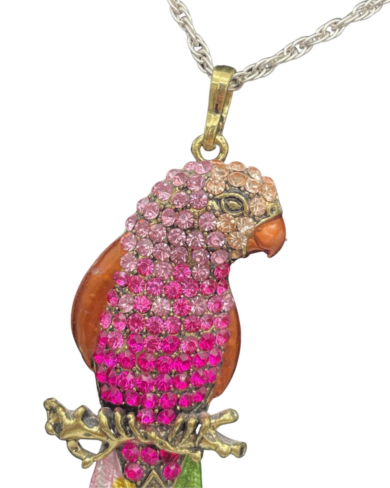 An Elegant Pink Rhinestone Parrot Pendant Necklace with Silver Chain.