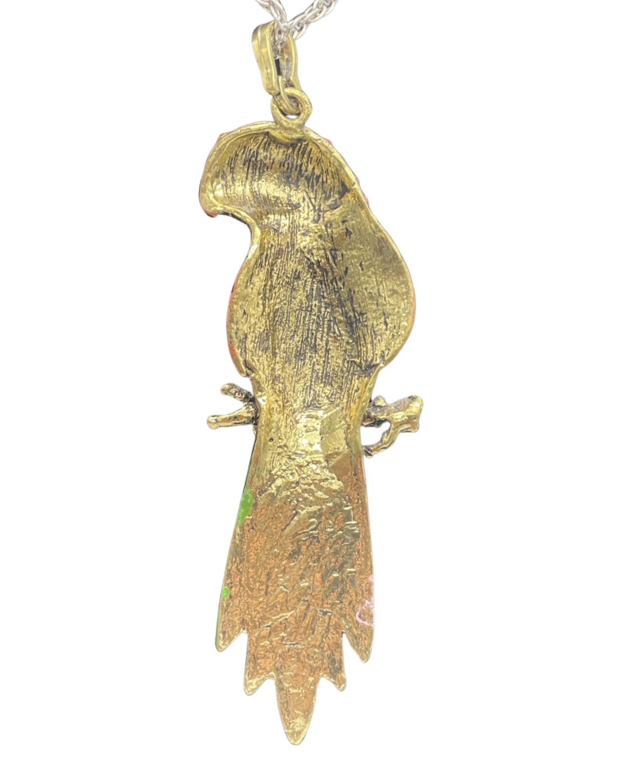 An Elegant Pink Rhinestone Parrot Pendant Necklace with Silver Chain with a parrot on it.