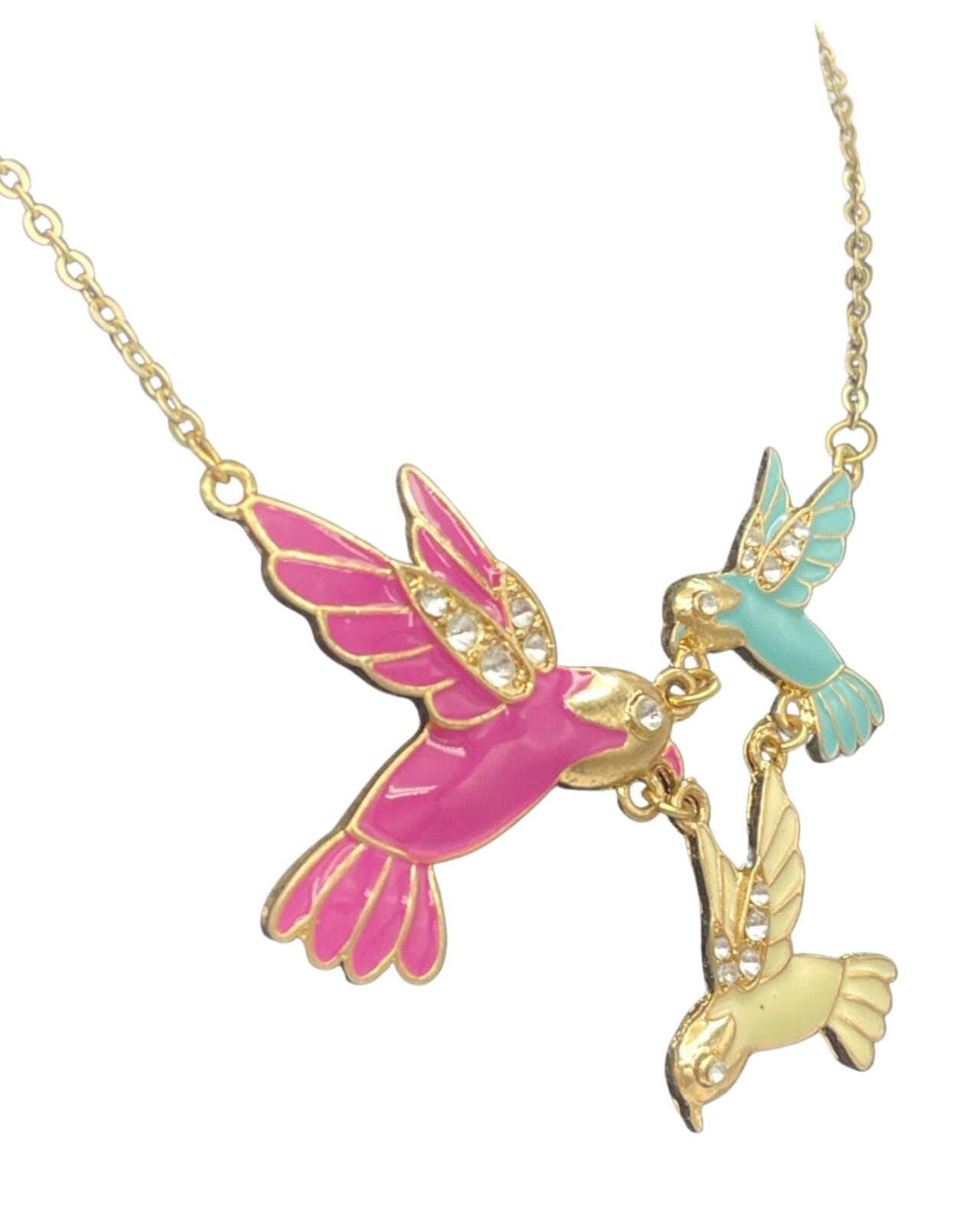 An Enchanting Enamel Trio of Hummingbirds Necklace with three colorful birds on it.