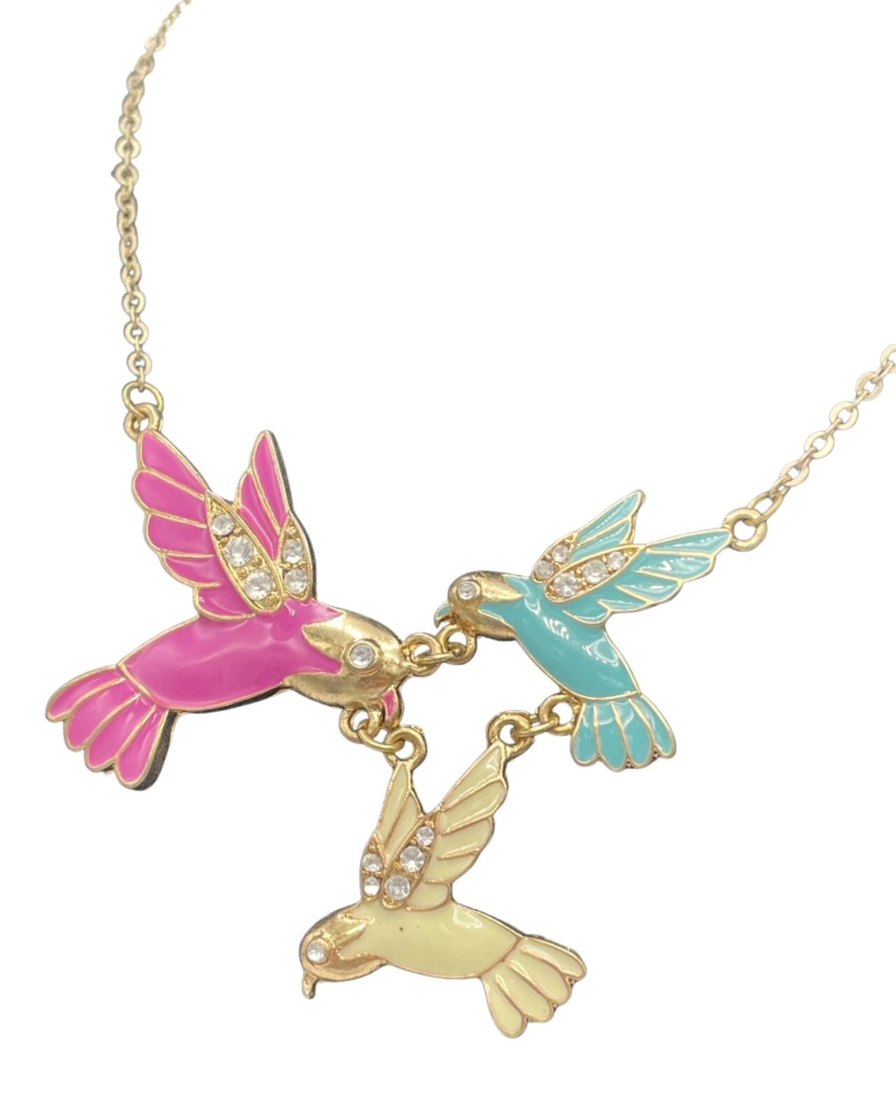 An Enchanting Enamel Trio of Hummingbirds Necklace with three colorful hummingbirds on it.